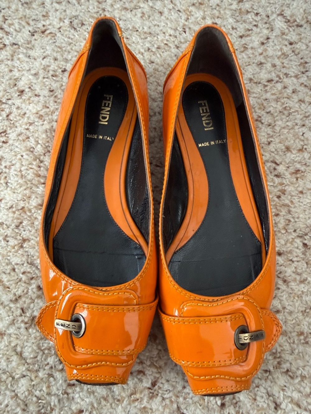 Fendi Vintage Orange Square Toe Patent Buckle Flats Size 38
